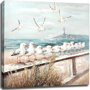 Bathroom Decor Blue Beach Wall Art Ocean Picture Canvas Print Vintage Coastal Painting Framed Sea Birds Artwork for Bedroom Office Decoration 20"x20"