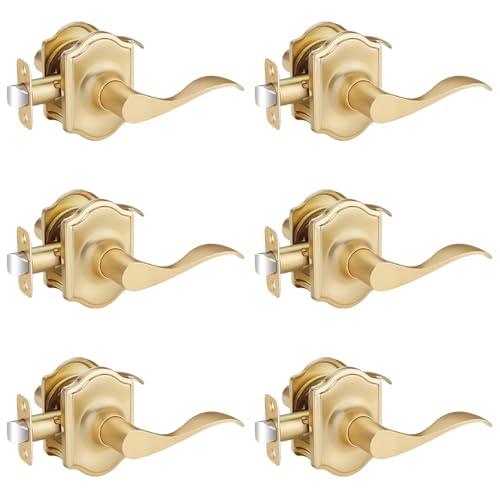 Bonpoly 6 Pack Brushed Gold Door Handles, Closet Door Knobs Interior, Non Locking Passage Door Handle for Hallway/Pantry, Keyless Wave Door Lever, Reversible for Left or Right Handed Doors