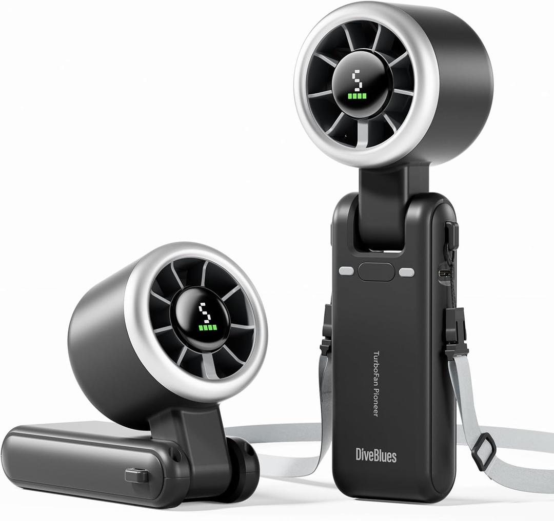 Diveblues Portable Handheld Turbo Fan, 5 Gear Wind, Battery Operated, Up to 12 Working Hours, 3 IN 1 Hand Fan with Air Turbo Tech Cooling Fan for Outdoor Activities, Travel, Working, Obsidian black