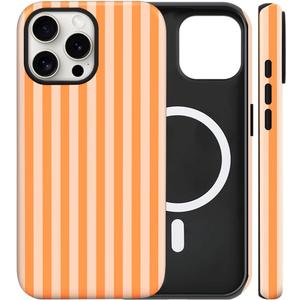Magnetic for iPhone 15 Pro Max Case Cute Stripes Phone Case, Shockproof Slim TPU and Hard PC Protective Phone Cover Compatible with MagSafe Designed for Women Girls, Orange