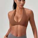 Halter Sports Bras for Women Padded Open Back V Neck Yoga Bra Workout Crop Tank Top Sexy Gym Bra Low Impact (Large, Brown)