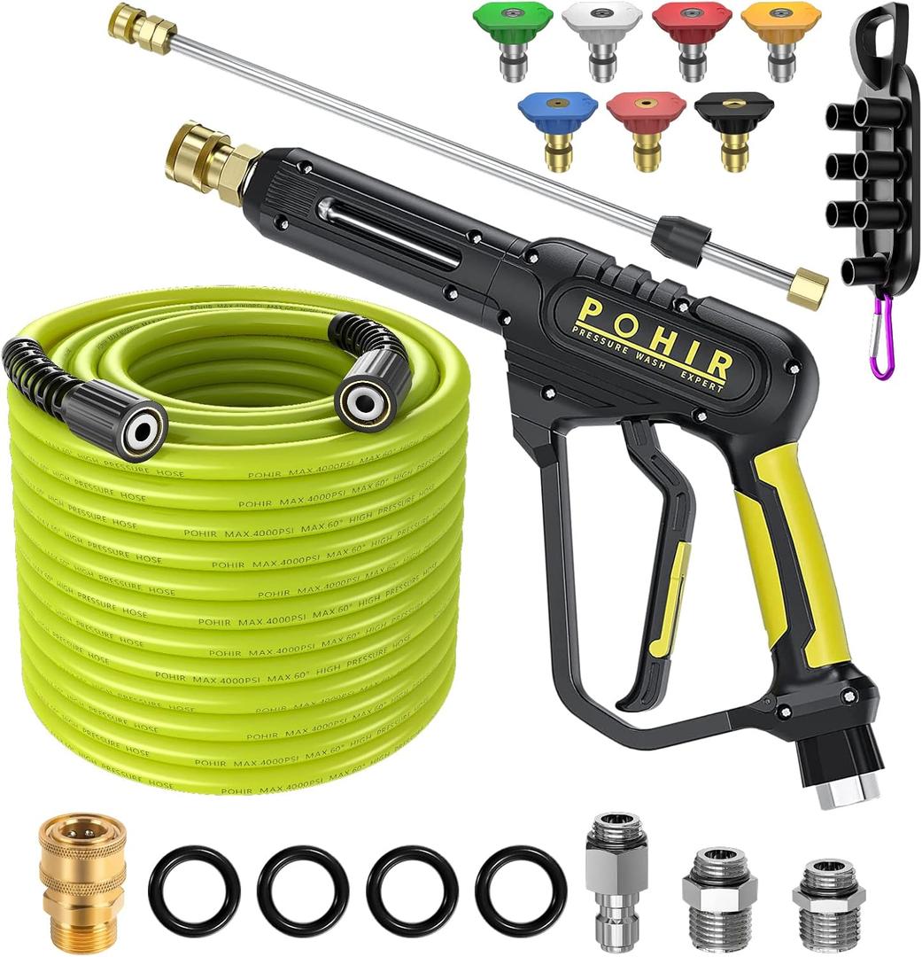 POHIR Pressure Washer Gun and Hose 3600 PSI, Pressure Washer Hose 50ft and Gun, 3/8" Quick Connect Swivel, M22 15mm/14mm Fittings, 30" Extension Wand & 7 Nozzle Tips - for Home & Outdoor Cleaning