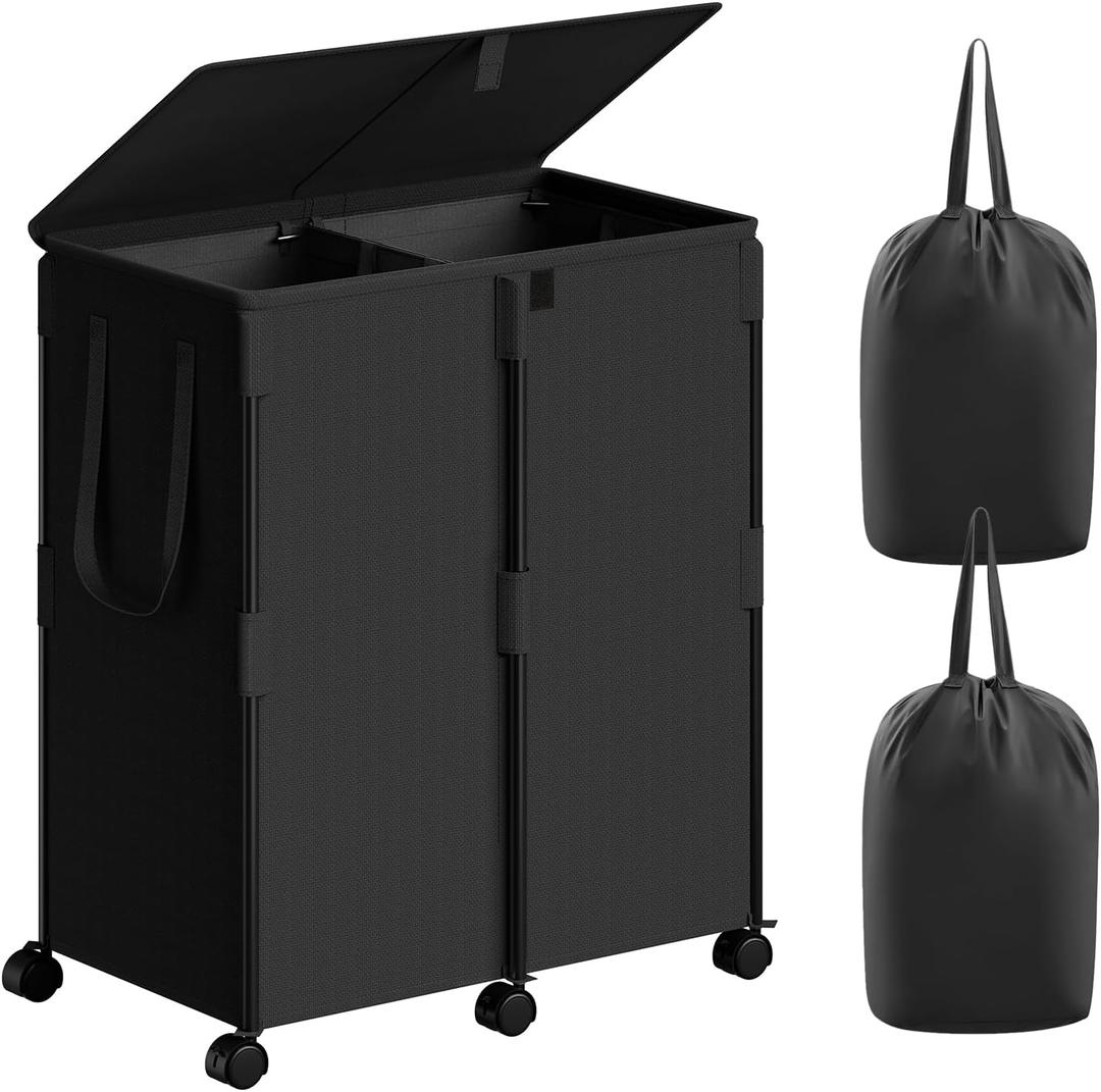 140L Double Laundry Hamper with Lid and 6 Wheels, Rolling Laundry Basket with 2 Removable Bags, Heavy Duty Metal Frame Clothes Cart, 2-Section Laundry Sorter for Bedroom, Bathroom (Black)