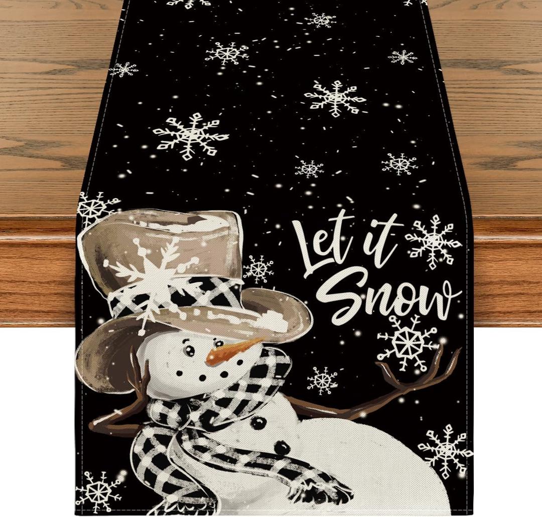 Artoid Mode Black Snowman Snowflake Let it Snow Winter Table Runner, Christmas Kitchen Dining Table Decoration for Home Party Decor 13x120 Inch