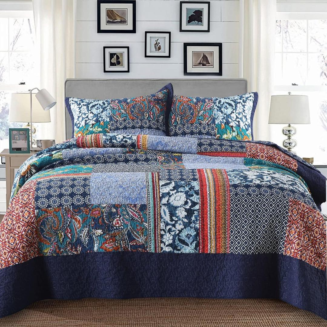 Yvooxny King Quilt Set Reversible Lightweight Bohemian Paisley Patchwork Cotton Quilted Bedspread Coverlet Set 3-Piece Bedding Set with Pillowcases for All Seasons, King Size, 108 * 96 Inches
