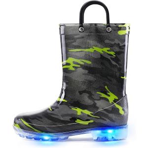 K KomForme Kids Rain Boots, Waterproof Light up Boots with Easyon Handles, Size 1, Camouflage