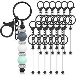 Tondiamo 12 Pcs Beadable Keychains Bars Bulk Blank Beaded Metal Keychain for Craft DIY Gift (Black)