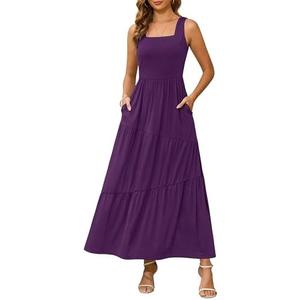Kranda 2025 Summer Sleeveless Long Beach Sundress Square Neck Tank Top Tiered Maxi Dress with Pockets, Medium