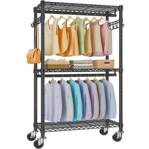 VIPEK R2 Medium Rolling Clothes Rack Heavy Duty Clothing Rack for Hanging Clothes Adjustable Metal Wire Shelving Portable Closet with Wheels Side Hooks, Freestanding Closet Wardrobe, Black
