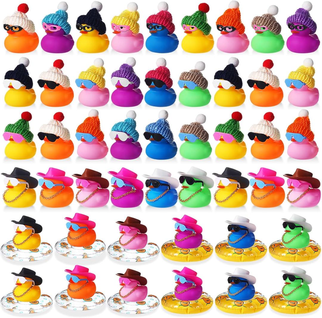 Sratte 140 Pcs Rubber Mini Duck Bulk Halloween Rubber Ducks for Car Decor Bath Toy Little Duck Sunglasses Necklace Hat Swim Circle Hat for Baby Shower Birthday Swimming Halloween Party Gift Favor