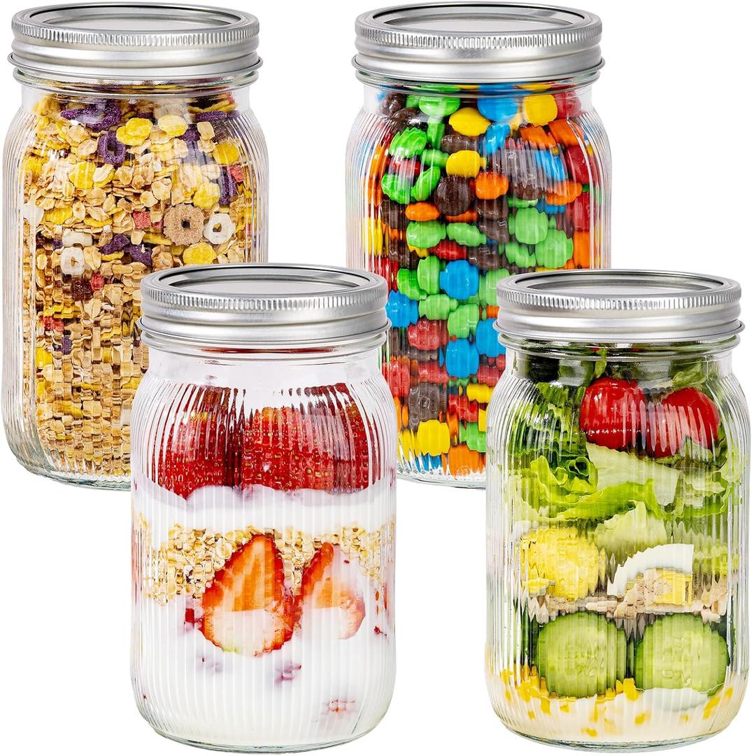 WELLIFE Large Mason Jars,4 Pcs Wide Mouth Mason Jars 32 Oz for Food Storage, Overnight Oats,Honey,Sauces,Meal Prep,Salad,Yogurt