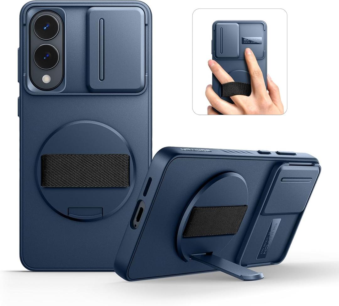 SURITCH for Samsung Galaxy S25 Edge Case with 360 Rotatable Hand Strap Phone Grip & Invisible Kickstand & Slide Camera Cover, Rugged Shockproof Protective Cover for S25 Edge -Dark Blue