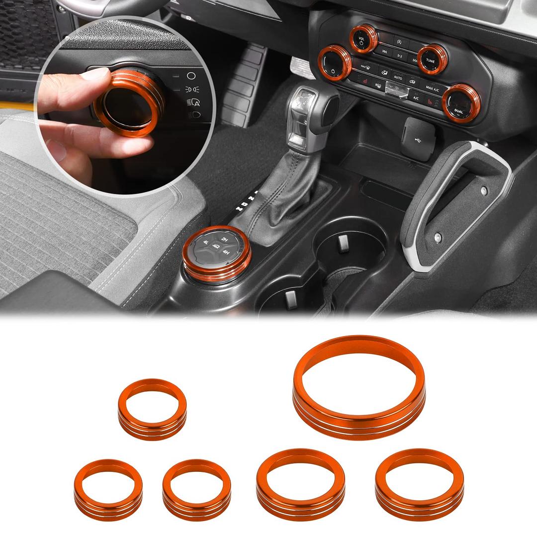 JWWY Air Conditioner Headlight Switch Knob 4WD Wheel Drive Trailer Gear Switch Knob Cover for 2021-2025+ Ford Bronco Accessories Aluminum Alloy 6PCS OrangeDon't fit Bronco Sport