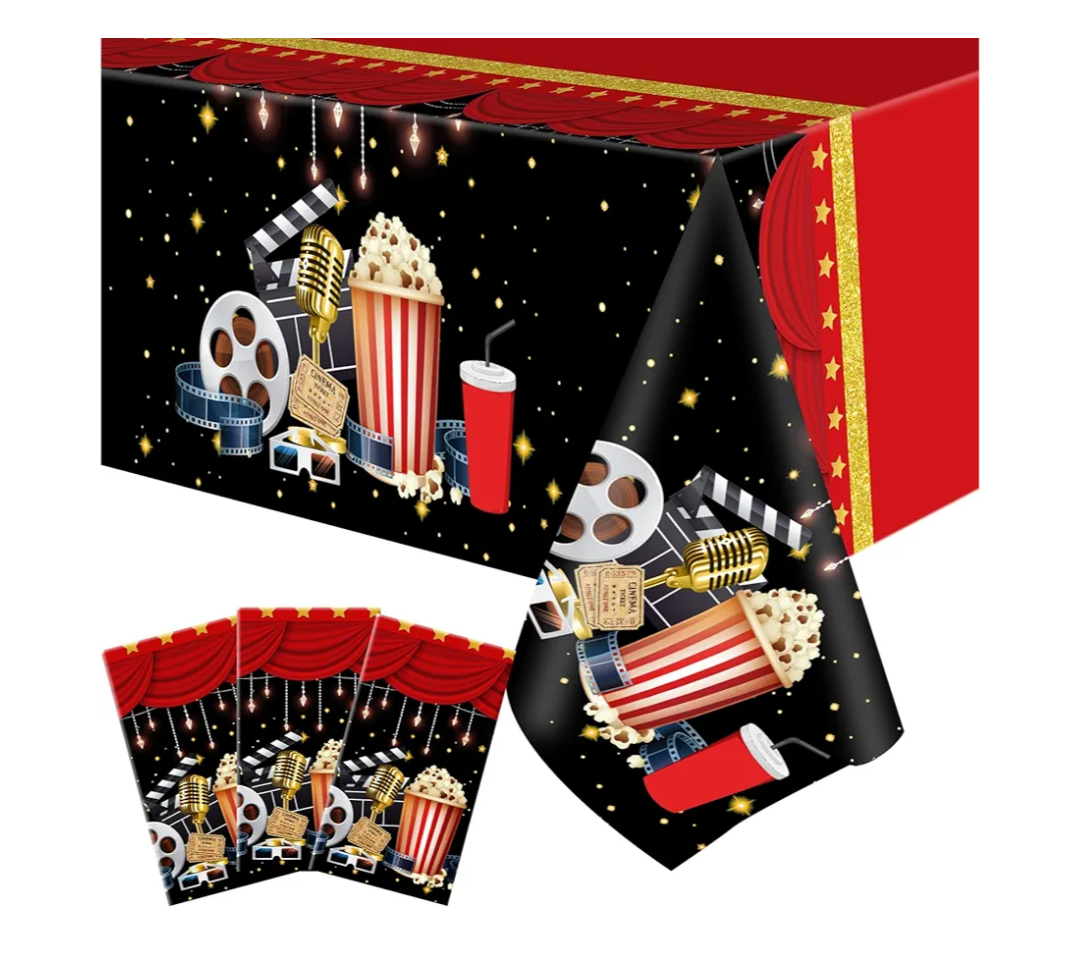 Buryeah 3 Pieces Movie Night Tablecloth Plastic Table Covers Movie Theater Table Cloth for Party Supplies Red Carpet Birthday Party Decor, 54 x 108 Inch
