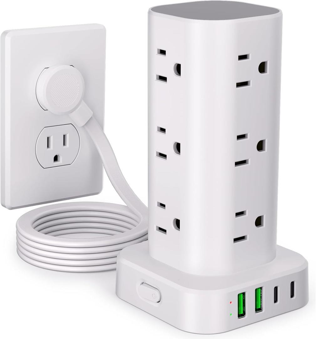 Power Strip Tower with Multiple Outlets, Flat Plug Surge Protector Tower Extension Cord with 12 AC Outlets 4 USB Ports (2 USB C), 6FT Cord Power Tower Surge Protector for Home Office Dorm Room, White