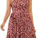 Womens Summer Wrap V Neck Sundress Sleeveless A Line Tank Dress with Pockets, Red, L