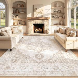 Area Rug 8x10 Vintage Rug: Large Washable Indoor Medallion Rugs Low Pile Distressed Floor Carpet Retro Accent Rug for Living Room Bedroom Kitchen Dining Table Home Office(Beige, 8'x10')