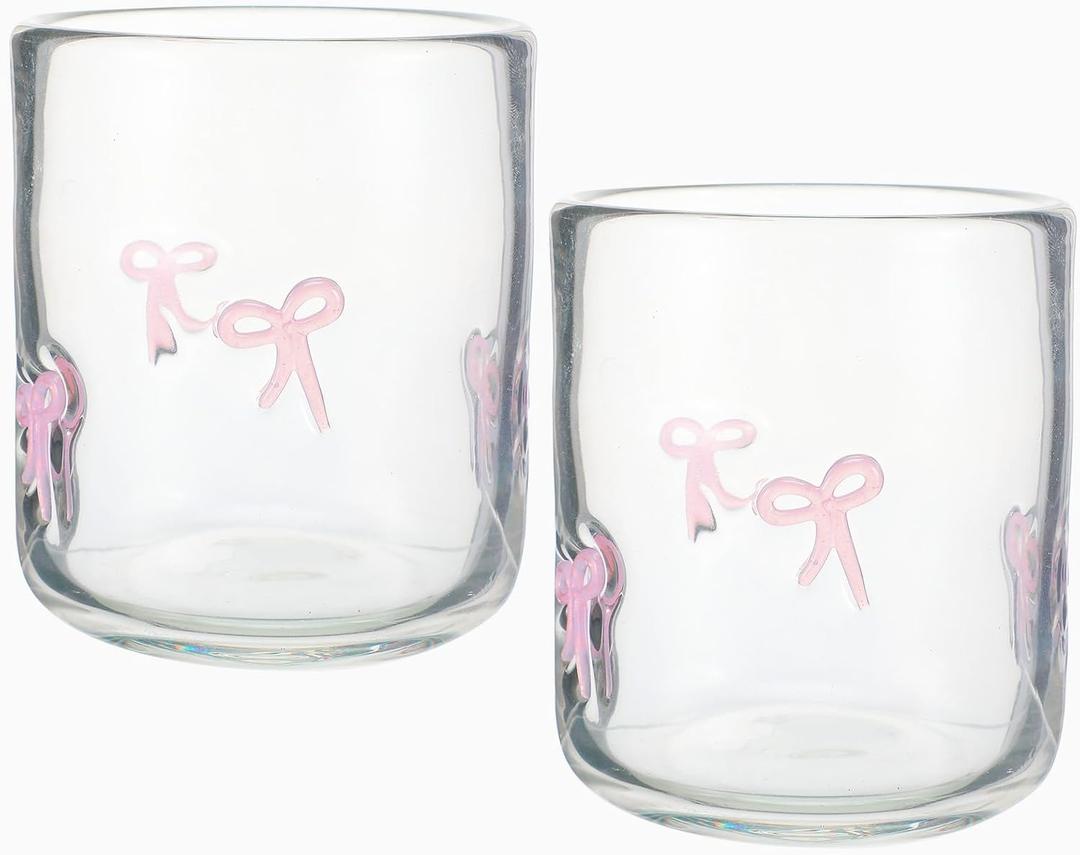 Skylety 2 Pack Bow Icon Juice Glass Coquette Bow Aesthetic Cup 14 ounce Double Old Fashioned Icon Handblown Cocktail glasses for Women Friend Party(Pink) (Clear)