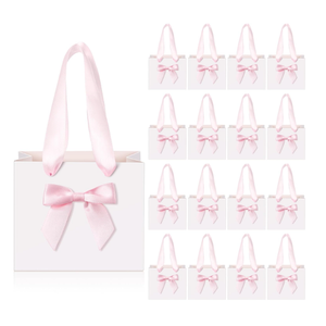 Kolldenn 50 Pcs No DIY Small Gift Bags with Pink Bow Ribbon 4''x2.7''x4.5'' Mini White Paper Thank You Bags Bulk with Handle for Baby Shower Wedding Party Favor Birthday Return Guests