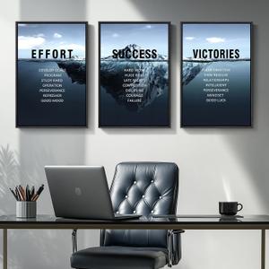 Framed Motivational Wall Art for Office Decor, Set of 3 Navy Blue Ocean Iceberg Modern Canvas Art Prints, Effort Victories Success Inspirational Word Quotes Pictures for Home Gym Wall Decor 16x24 Inch