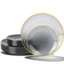 N9R 60PCS Black Plastic Plates with Gold Rim, Elegant Disposable Plates, Circular Ribbed Design, 30 Dinner & 30 Dessert Plate for Parties, Weddings, Halloween, Banquets and Events (Translucent Black)