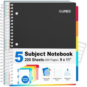 SUNEE 5 Subject Notebook College Ruled - 400 Pages, 9"x11", 5 Pocket Colored Dividers, 3-Hole Punched Paper, Black