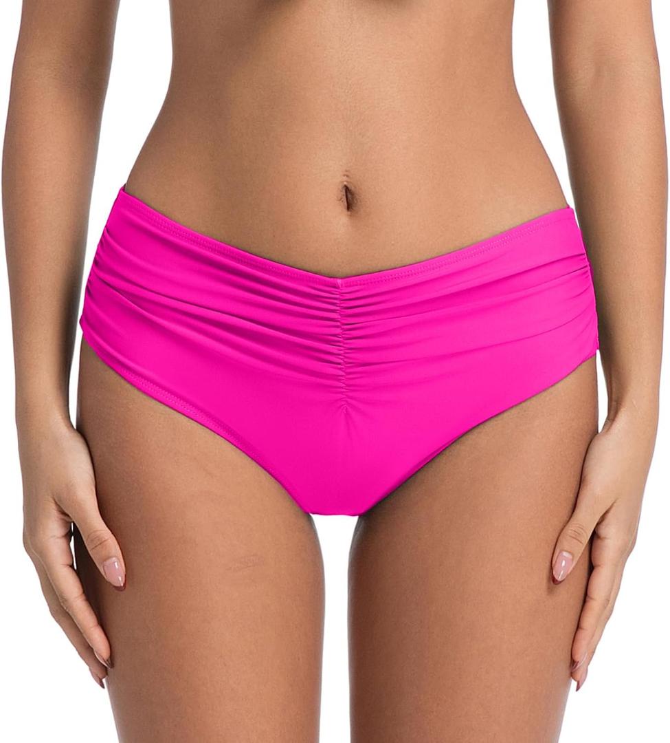 COCOPEAR Mid Rise Bathing Suit Bottoms for Women Ruched Tummy Control Swim Bottoms Full Coverage Bikini Bottoms for Women, Pink, M