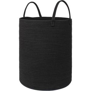 MEGASKET Black Woven Laundry Basket, 15"x18" Tall Basket for Blankets, Wicker Hamper for Bedroom Aesthetic, Decorative Storage Hamper for Clothes, Towel, Rope Storage Bin for Living Room, Bathroom