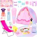 34 PCS Girl Doll Travel Camping Tent Set Includes Clothes, Food, Telescope, Tent, Sleeping Bag, Backpack, Chair, Shoes and Other Camping Accessories for 11.5 Inch Dolls NO Doll
