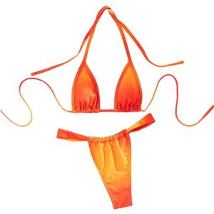 MakeMeChic Women's Halter Tie Side Triangle High Cut Bikini Set Bathing Suit Swimsuit (Orange Multi)