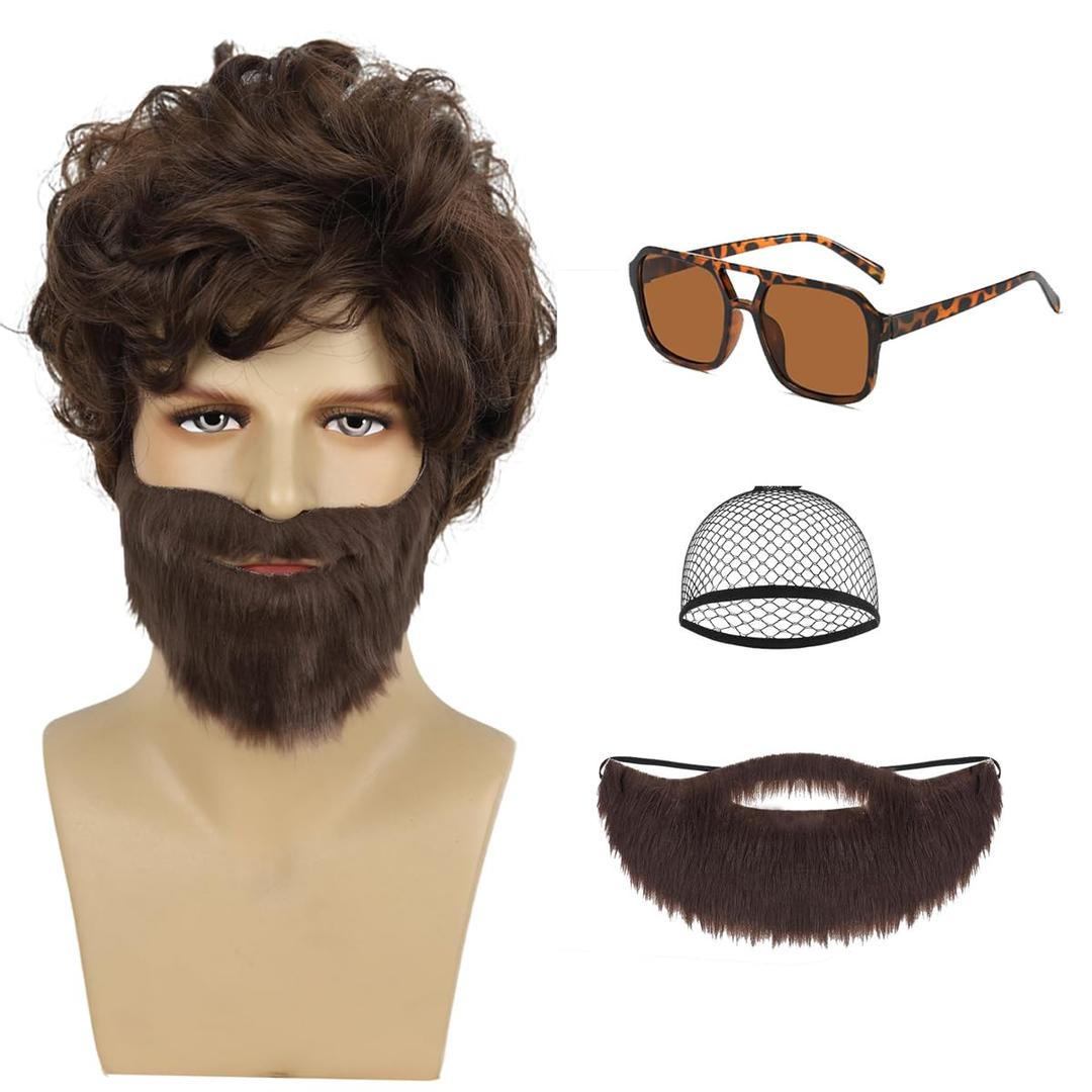 ATAYOU Adult Short Brown Shag Wig and Beard with Glasses Accessories for Mens Adult Halloween Cosplay