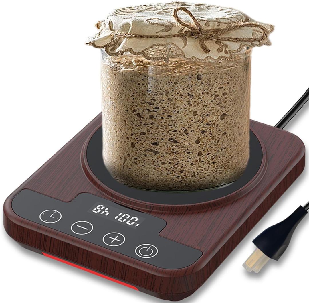 Sourdough Starter Warmer Mat, 12H Timer Warming Heating Pad, Precise 1°F Thermostat Control (70-100°F), Smart Memory Warming On/ Off, Fits Jars Up to 40oz, Perfect for Home Baking (Wood)