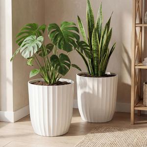 Briwooody 2 Pcs Tall Planter 15" Large Round Plastic Plant Pots with Drainage Hole and Tray White Modern Planter for Indoor Outdoor Plants Home Office Kitchen Bedroom Living Room Porch Patio Decor