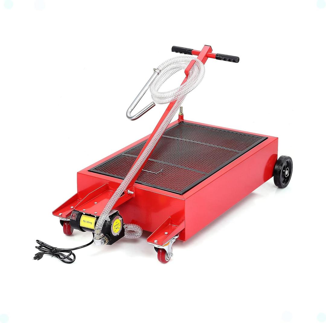 DEXSO 20 Gallon Electric Oil Drain Pan with 110V Pump & 8 Ft Hose, Low Profile & T Folding Handle Oil Drain Cart for Truck Cars SUVs (20 Gal-Electric-Metal)