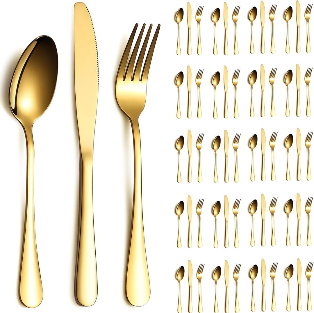 Gold Silverware Set 60 Pieces Service for 20, Stainless Steel Titanium Gold Flatware Set include Knives Spoon Forks Set, Silverware Set, Serving Utensil Set