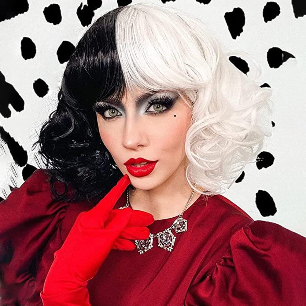 MIMAN Pixie Cut Curly Bob Wig 2-Tone Dyed Half Black Half White Synthetic Wig Short Curly Bob Wigs with Bangs Party Cosplay Halloween Costume Wigs For Women