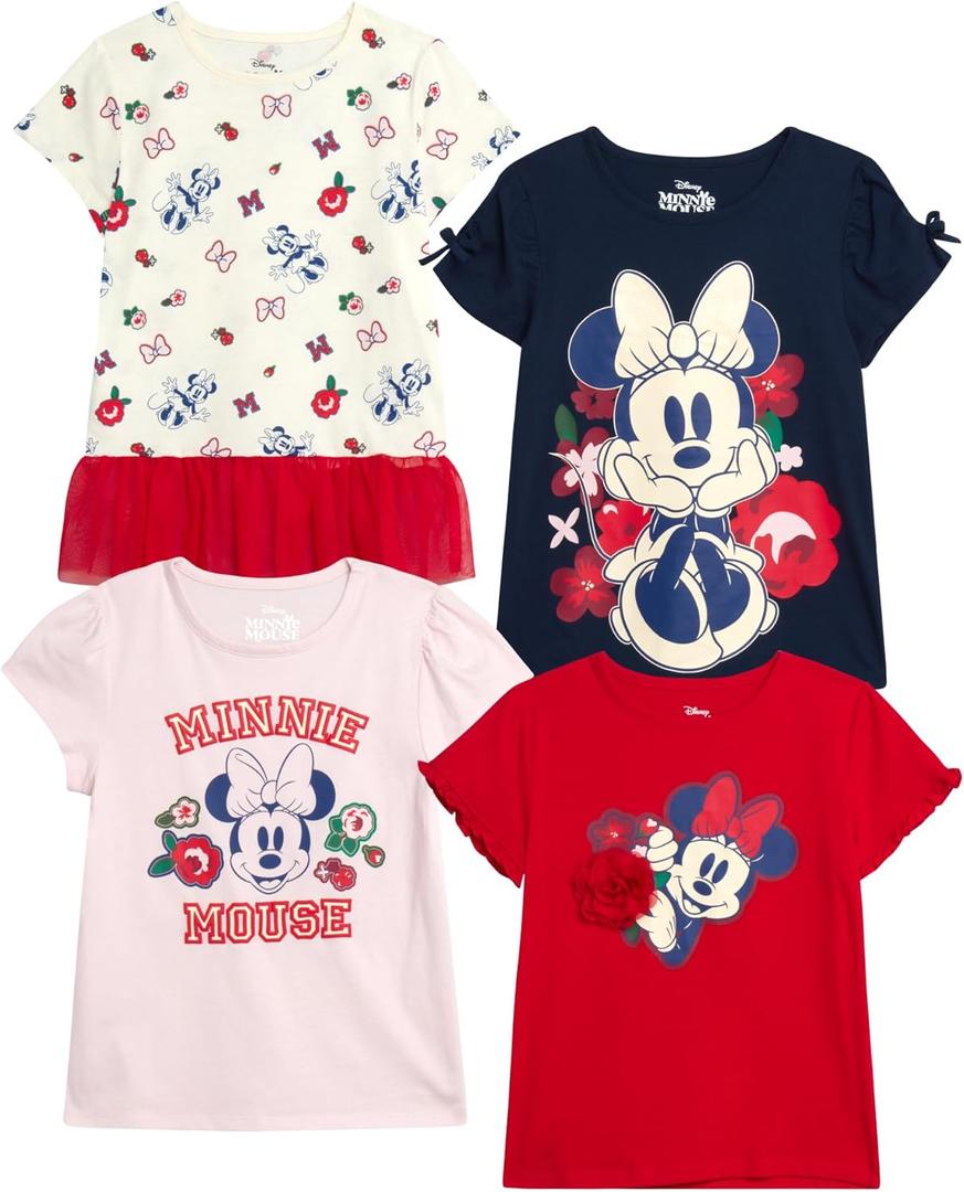 Disney Minnie Mouse Princess Girls Shirts - 4 Pack Short Sleeve Girls Graphic Tees for Toddler and Little Kid, Size 6, Minnie Red/ Pink/ Navy