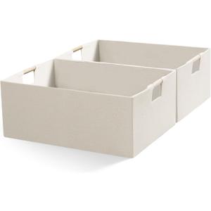 Foldable Fabric Storage Cubes, 2 Packs Cloth Storage Baskets with Wooden Handles, Collapsible Shelf Closet Organizer Bins, Rectangular Storage Boxes for Decor (Beige)