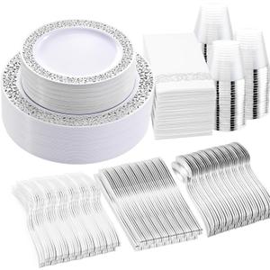 WELLIFE 350pcs Silver Party Dinnerware Set for 50 Guests, Silver Wedding Plates Disposable Heavy Duty, Including :50 Dinner Plates, 50 Dessert Plates, 50 Cups, 50 Napkins, 50 Sliver Silverware Set