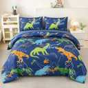 Twin Dinosaur Comforter Set for Boys 5 Pieces Cartoon Dinosaur Bedding Set Dark Blue Dino Bed in A Bag for Kids Teens Soft Fluffy Bed Set All Seasons(Dark Blue Dinosaur, Twin)