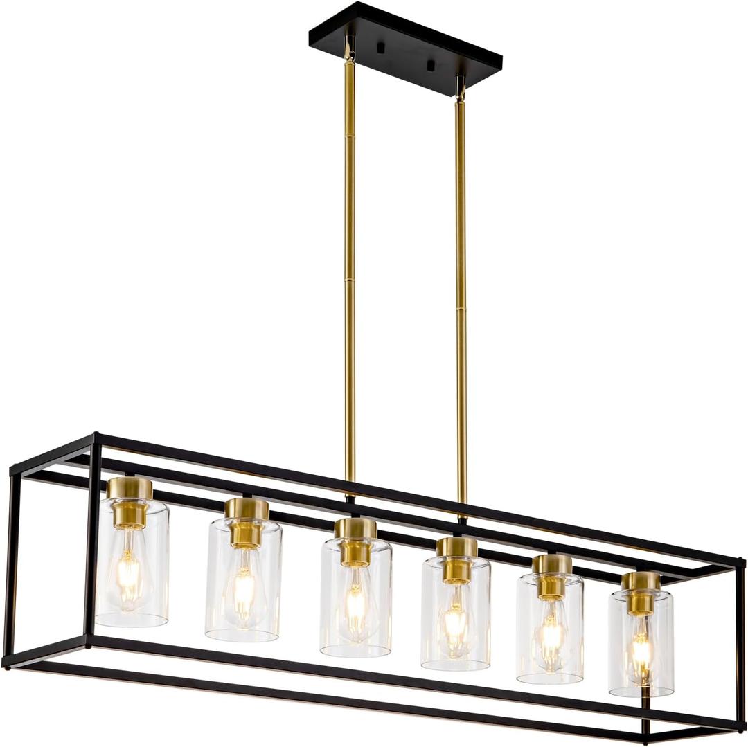 6 Lights Modern Dining Room Light Fixtures Over Table Black & Brushed Brass Gold Farmhouse Chandelier Rectangular Pendent Lighting for Kitchen with Glass Shade Long Linear Industry Hanging Light