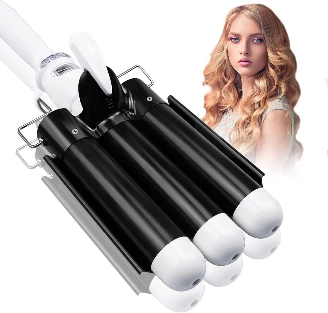 1.25 inch Three Barrel Curling Iron: Aleath Large 3 Barrel Hair Crimper with LCD Display - Dual Voltage Hair Waver Jumbo (Black)