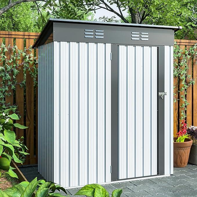 PURE&EASY Outdoor Storage Shed, Galvanized Metal Garden Shed with Lockable Doors, Tool Storage Shed for Patio Lawn Backyard Trash Cans, 166*40*10.5 cm