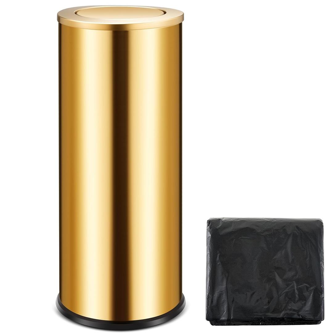 Reallnaive 30L/8GAL Gold Lidded Trash Can with 100 Garbage Bags Metallic Gold Brass Kitchen Garbage Bin with Flip Lid Commercial Compact Waste Basket for Shopping Centers, Elevator Doors, Hotels