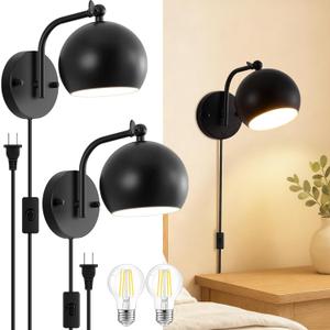 Plug in Wall Sconces Set of 2, Adjustable Angle Black Wall Lights with Plug in Cord & On/Off Switch, Bedside Wall Mounted Lamp with Globe Shade for Bedroom Living Room Bathroom(2 Bulbs Included)
