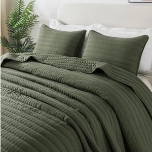 ROARINGWILD Olive Green King Size Quilt Set, Striped Pick Stitch Lightweight Bedspread, Soft Channel Farmhouse Rustic Coverlet, Spring Summer Thin Comforter, Country Bedding, 104x90 inches