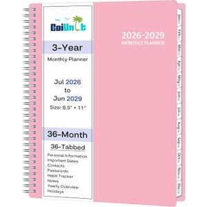 Monthly Planner 2026-2029, 36 Months Calendar Planner 2026-2029 from Jul 2026 Jun 2029, 8.5'' x 11'' with Ruled Spread, Flexible Cover, Spiral Wirebound, Pocket, Coated Tabs, Notes Habit Tracker