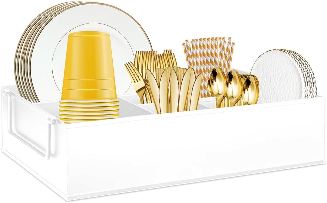 Paper Plate Dispenser Holders Utensil Caddy for Countertop,Outdoor Silverware Caddy, Picnic and Camping Utensil Holder, Flatware Organize with Handle for Party Gatherings, Metal (White)