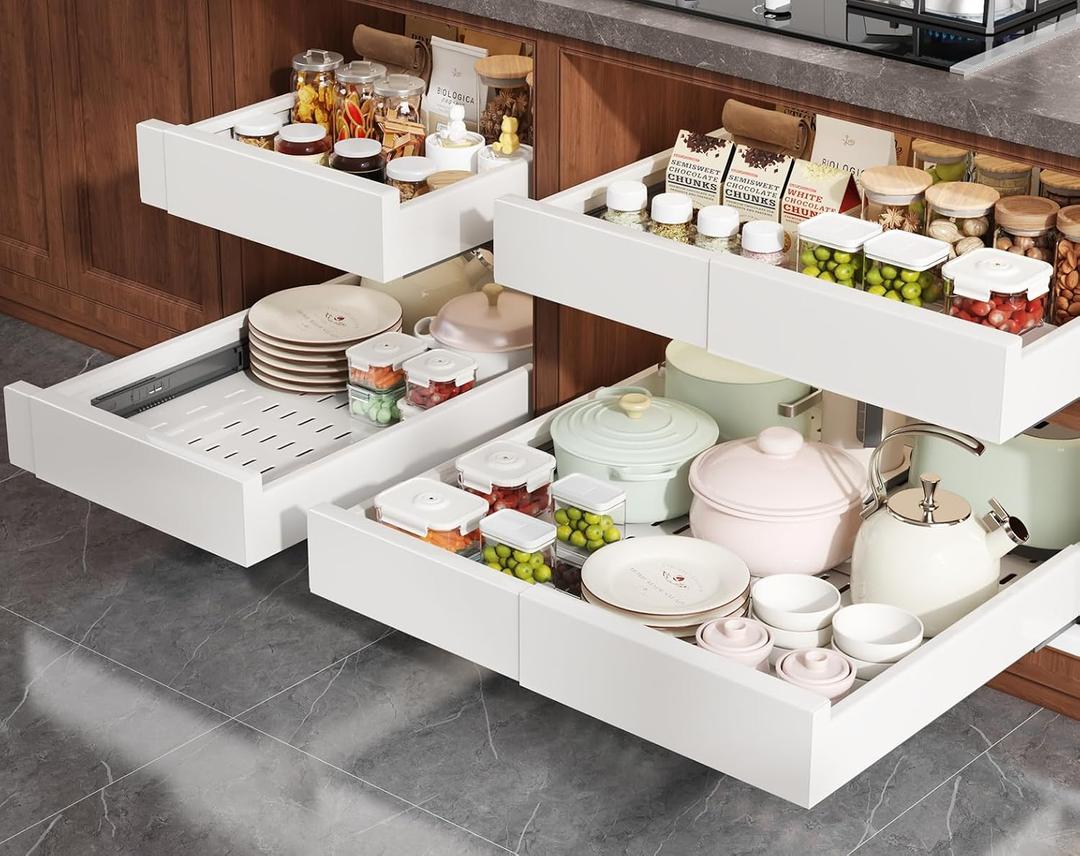Seinloes 4 Pack Pull Out Cabinet Organizer Expandable Width(13"-21") and Depth(17"-24"),Slide Out Drawers With Raising Pad for Framed Cabinets,No Drill Roll Out Shelves for kitchen,Bathroom,White