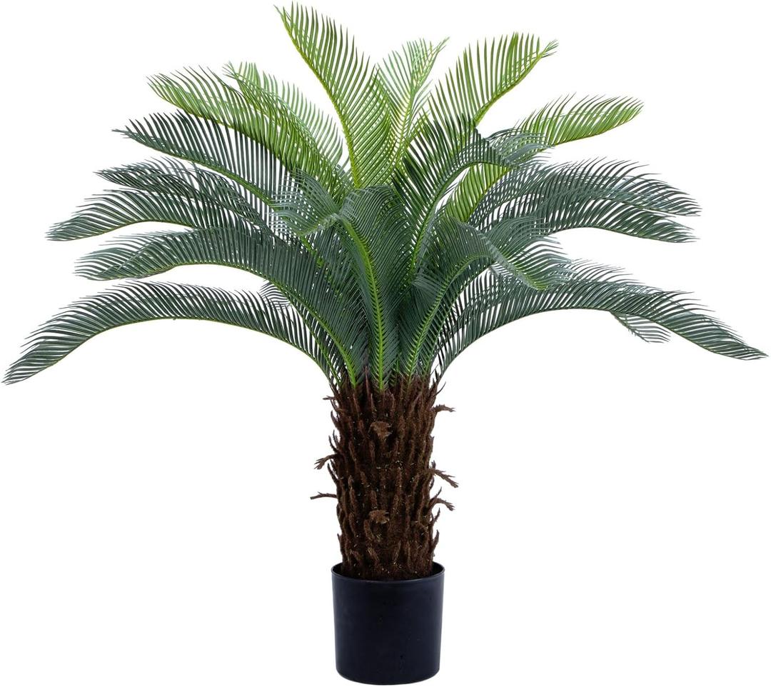 Bellacat 4ft UV Resistant Faux Sago Palm Tree with Natural & Lifelike Bark, 48in Super Full Artificial Cycad Tree with Realistic Leaves, for Home Office Patio Porch Front Door Decor.